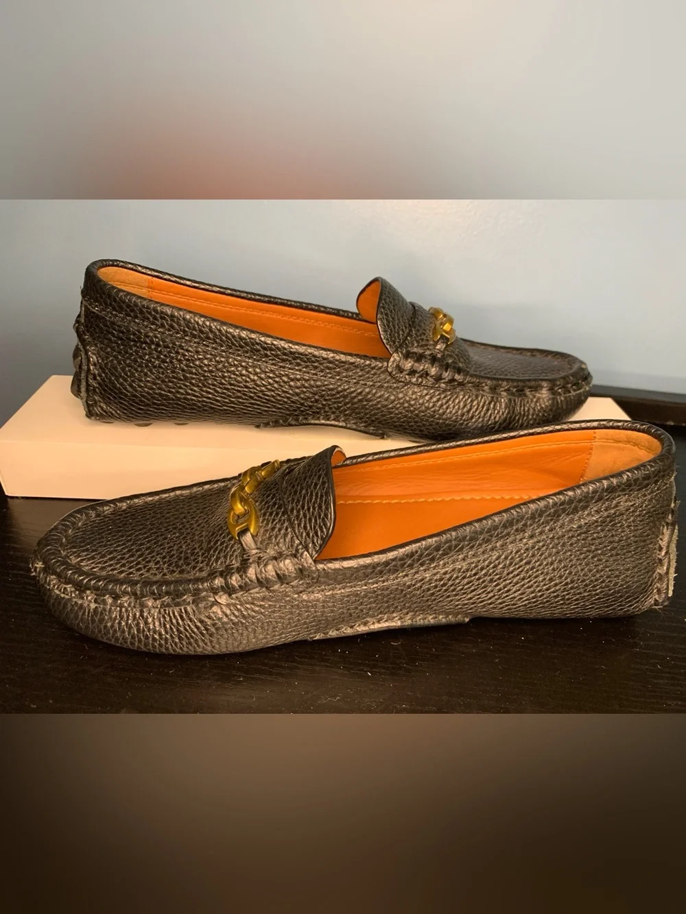 Coach Black Pebbled Leather Driving Loafer with Gold Bit